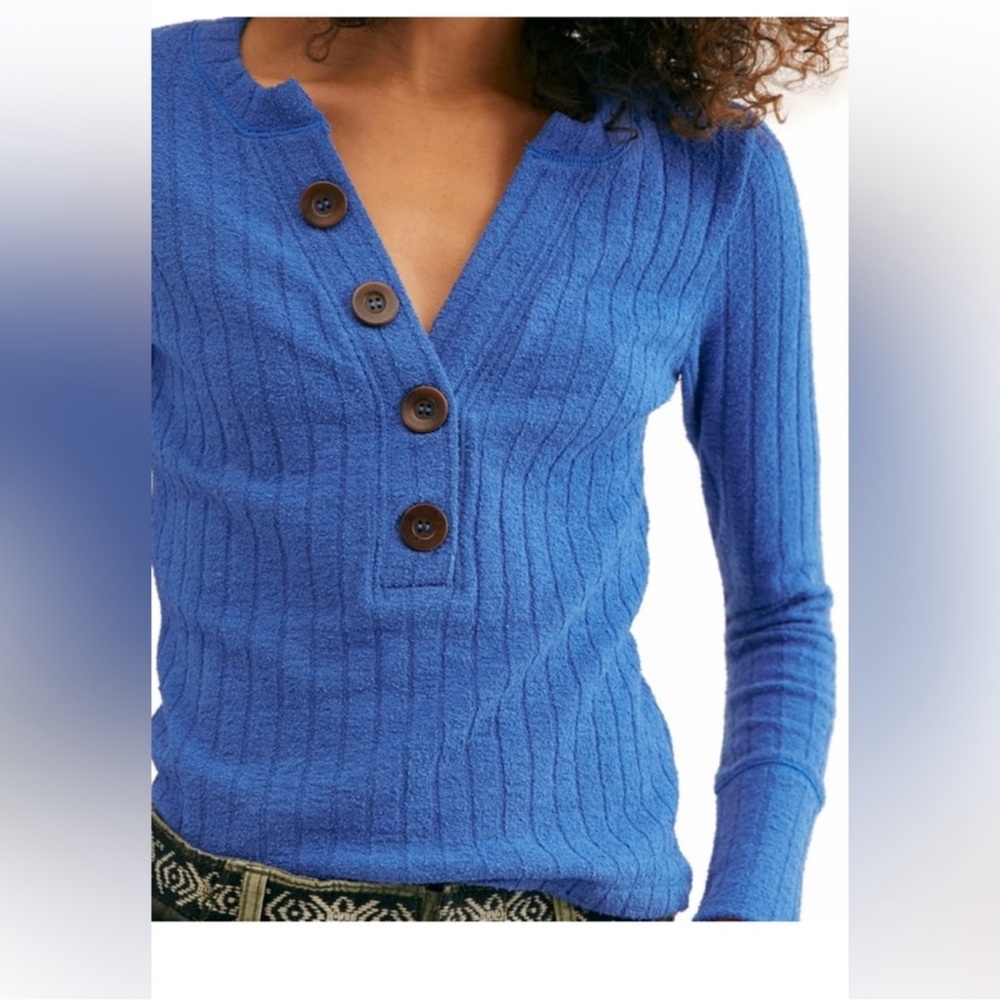 We the Free Ribbed Henley Button-Front Sweater in Cobalt Blue - Picture 3 of 8